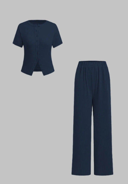 Relaxed Fit Button Front Shirt and Pants Set