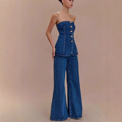 Relaxed Fit Denim Jeans: Women's Chic Off-Shoulder Top Set - OutfitLondon