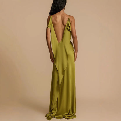 Chic Maxi Dress for Women - Flowy Long Gown with Neckline Slit