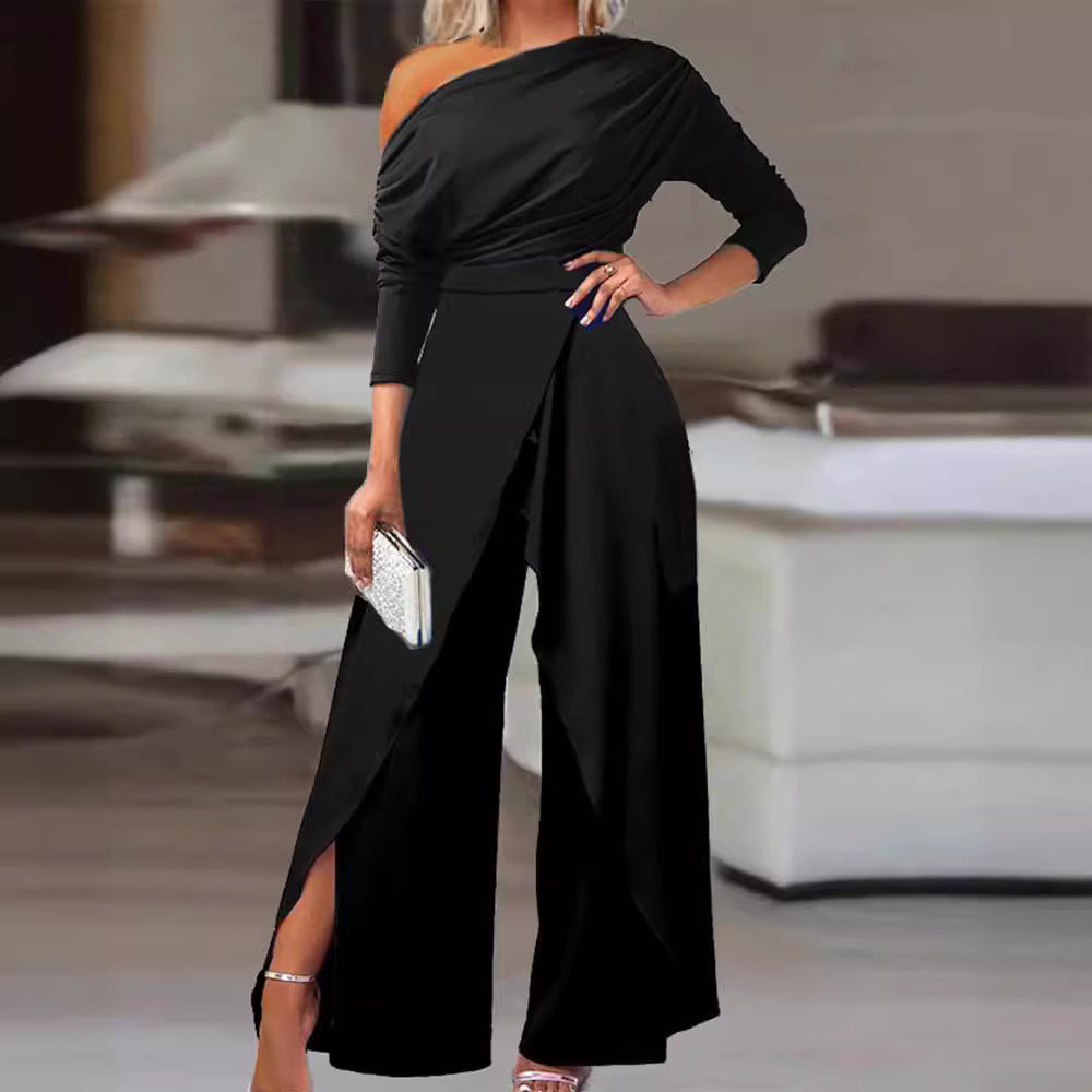 Chic Ruffled Wrap Jumpsuit with Split Hem Detail