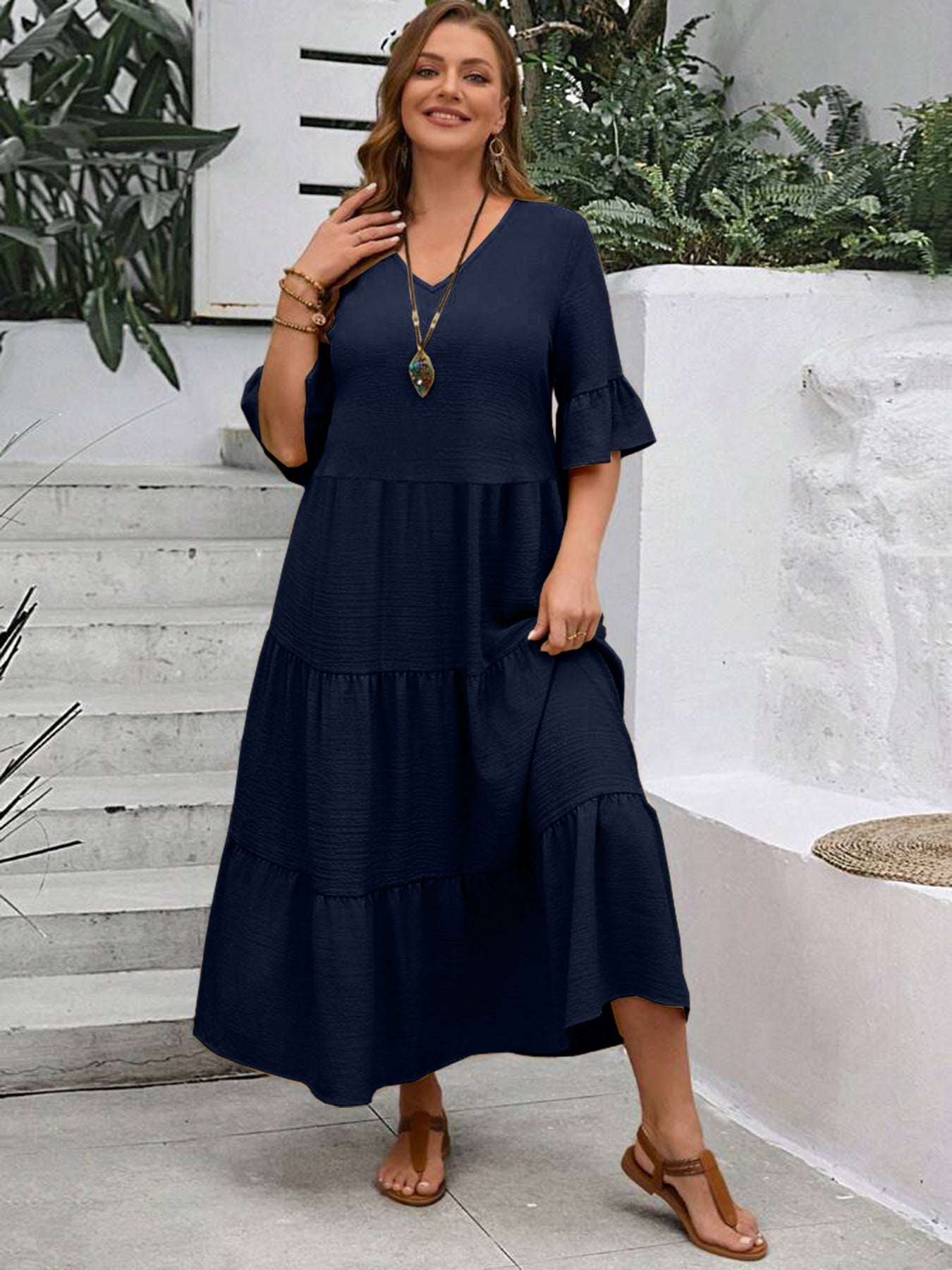 Comfortable Large V Neck Ladies Dress