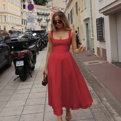 Chic V Neck Halter Long Dress - Fitted Open Back Design