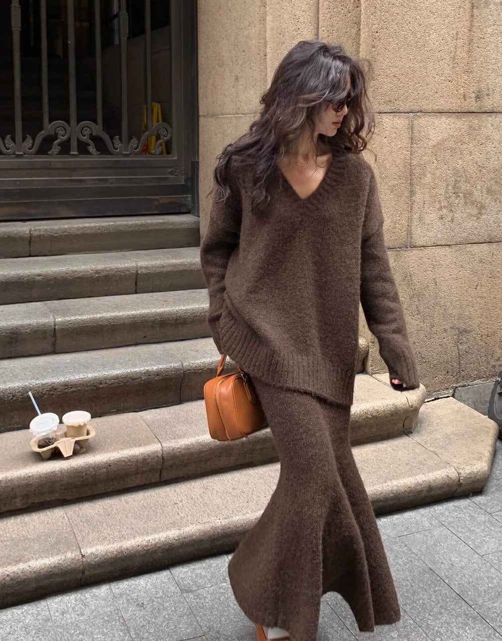Soft Women's V-Neck Sweater Midi Skirt Set - OutfitLondon