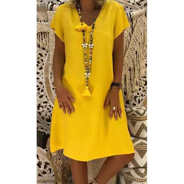 Simple V Neck Cotton Shift Dress - OutfitLondon