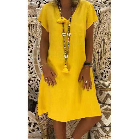 Simple V Neck Cotton Shift Dress - OutfitLondon
