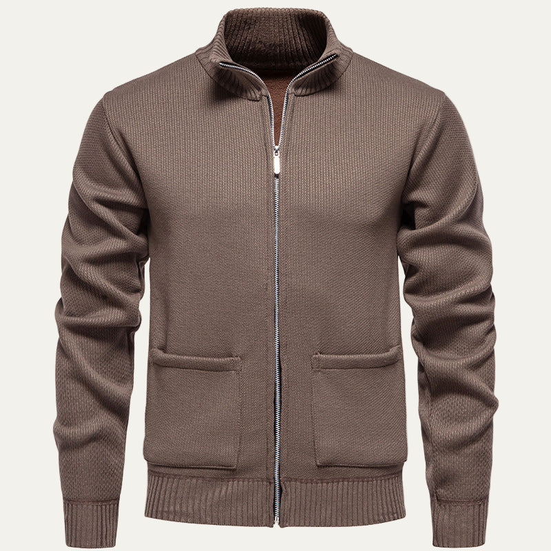 Men's Textured Crew Neck Zip Sweater