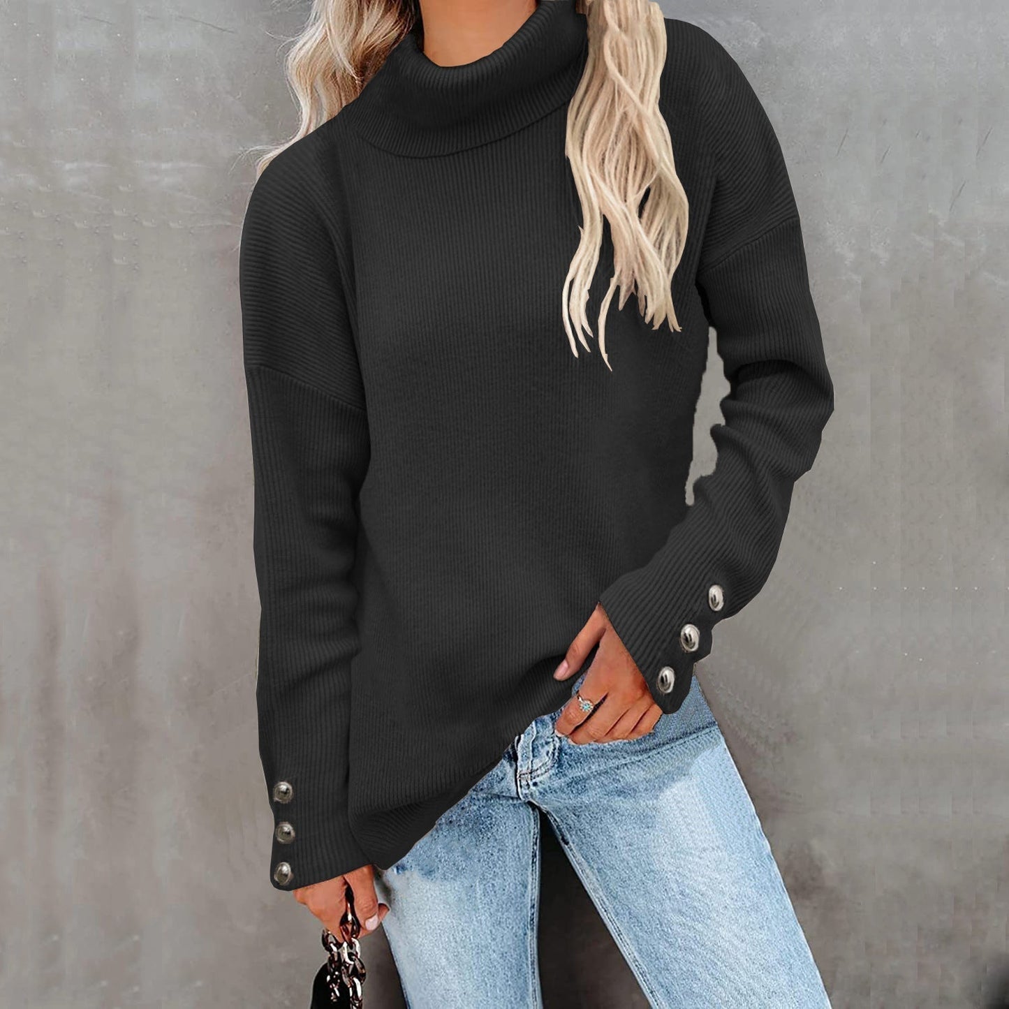 Warm Cozy Turtleneck Winter Sweater with Button Cuffs
