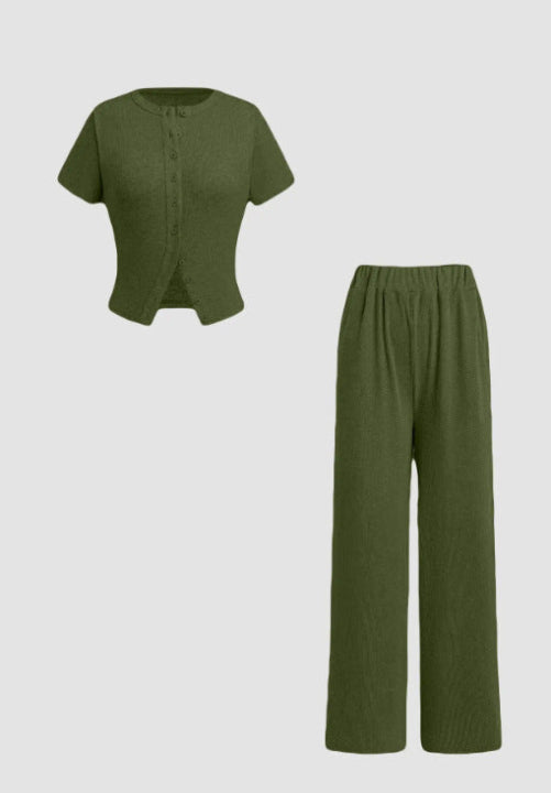 Relaxed Fit Button Front Shirt and Pants Set