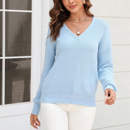Relaxed Fit V Neck Knitted Sweater for Women