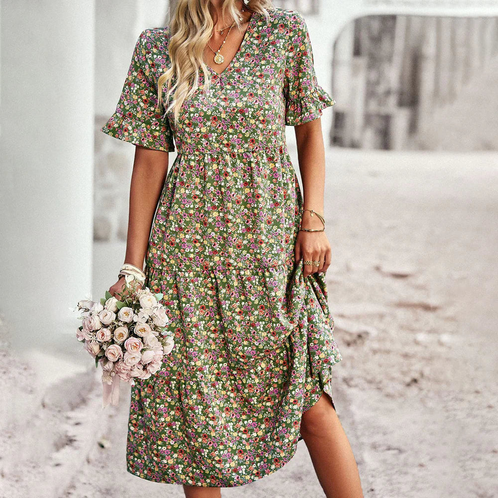 Chic Floral Midi Dress with Flared Sleeves - OutfitLondon