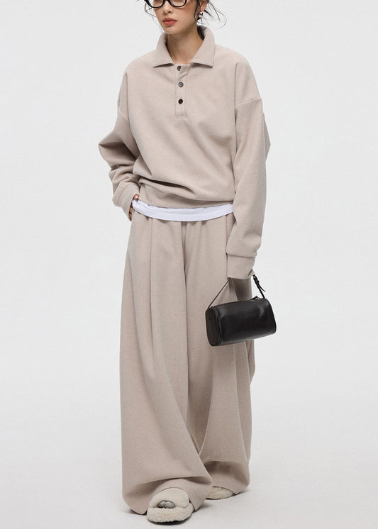 Women's Cashmere 2 Piece Set Blouse And Wide Leg Pants Oat - OutfitLondon