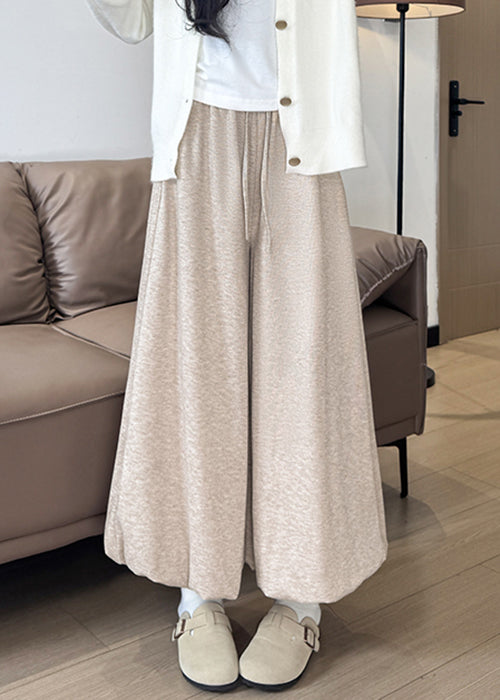 Women's Cotton Wide Leg Pants Oatmeal Elastic Waist - OutfitLondon