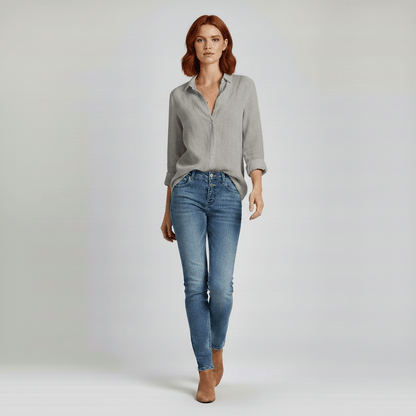 Classic Green Button Front Long Sleeve Top