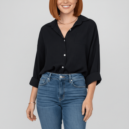 Classic Green Button Front Long Sleeve Top