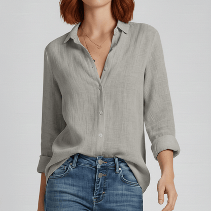Classic Green Button Front Long Sleeve Top