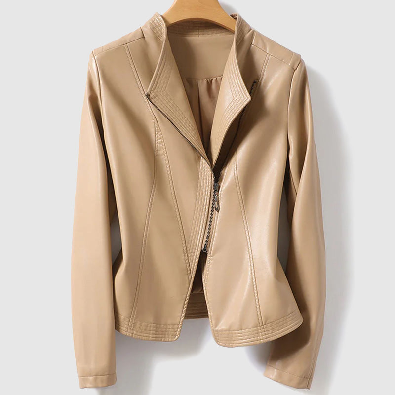 Fashionable Faux Leather Zipper Jacket for Ladies
