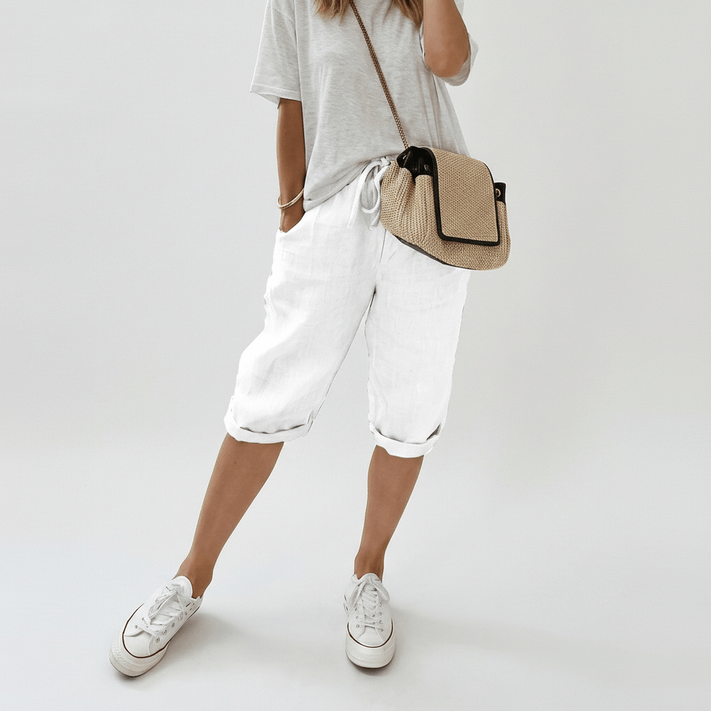 Casual Elastic Waist Shorts Loose Fit Rolled Cuff - OutfitLondon