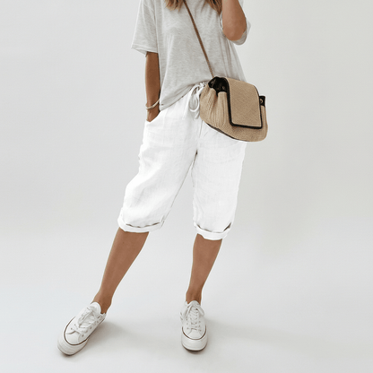 Casual Elastic Waist Shorts Loose Fit Rolled Cuff - OutfitLondon