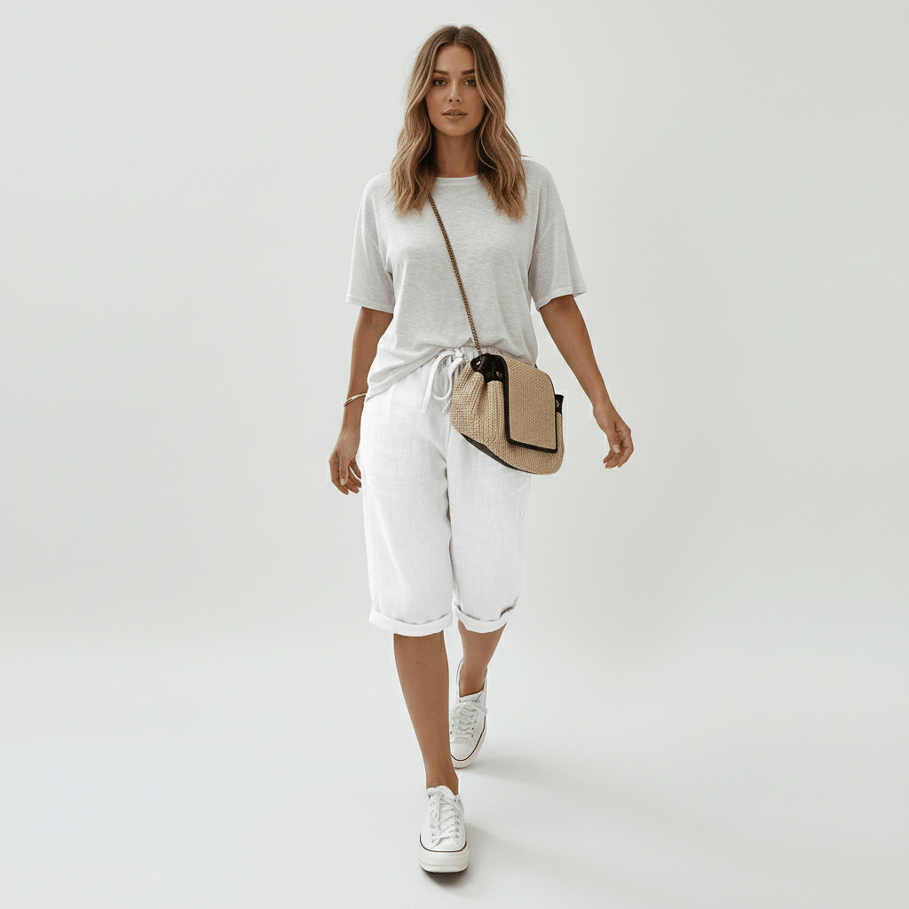 Casual Elastic Waist Shorts Loose Fit Rolled Cuff