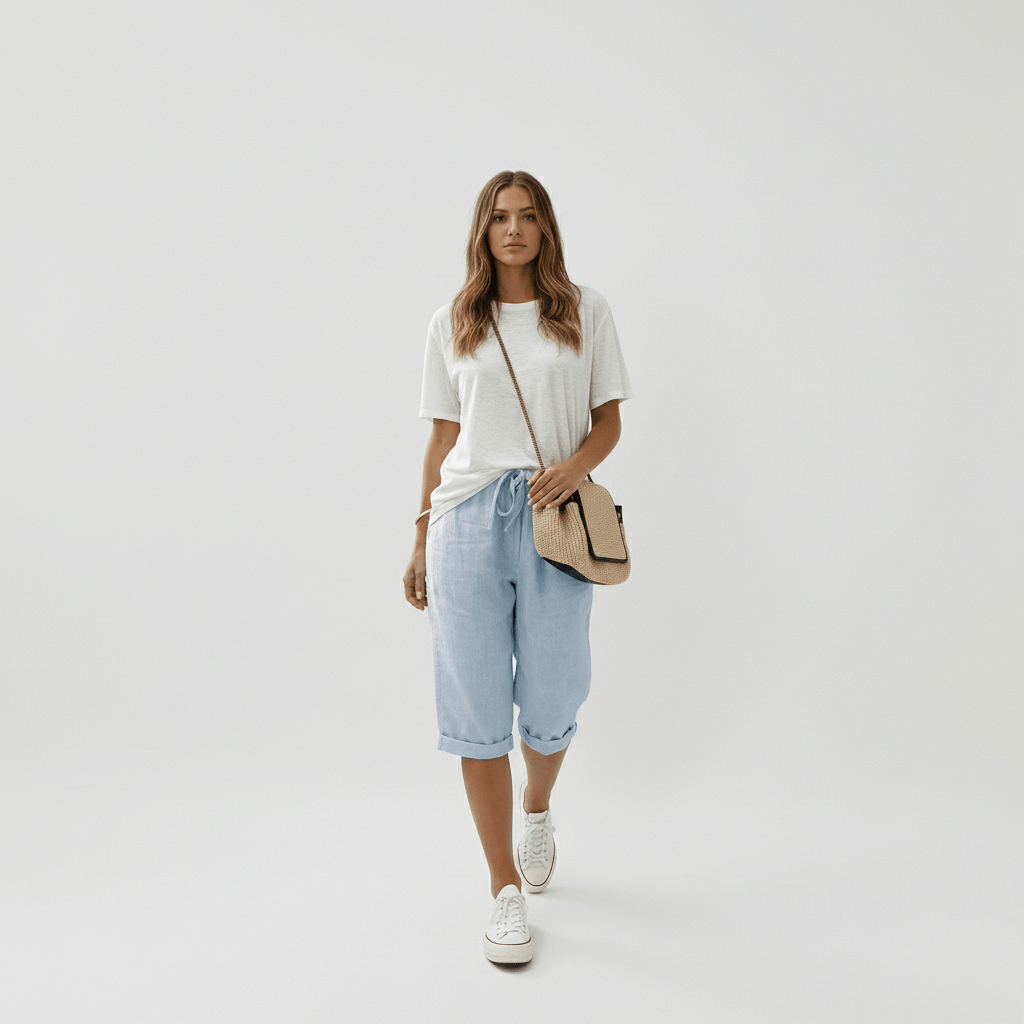 Casual Elastic Waist Shorts Loose Fit Rolled Cuff