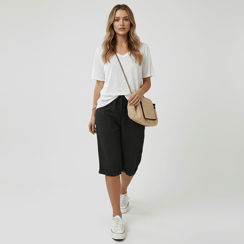 Casual Elastic Waist Shorts Loose Fit Rolled Cuff