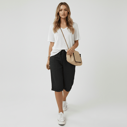 Casual Elastic Waist Shorts Loose Fit Rolled Cuff