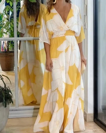 Beautiful Floral V-Neck Maxi Dress with Kimono Sleeves - OutfitLondon