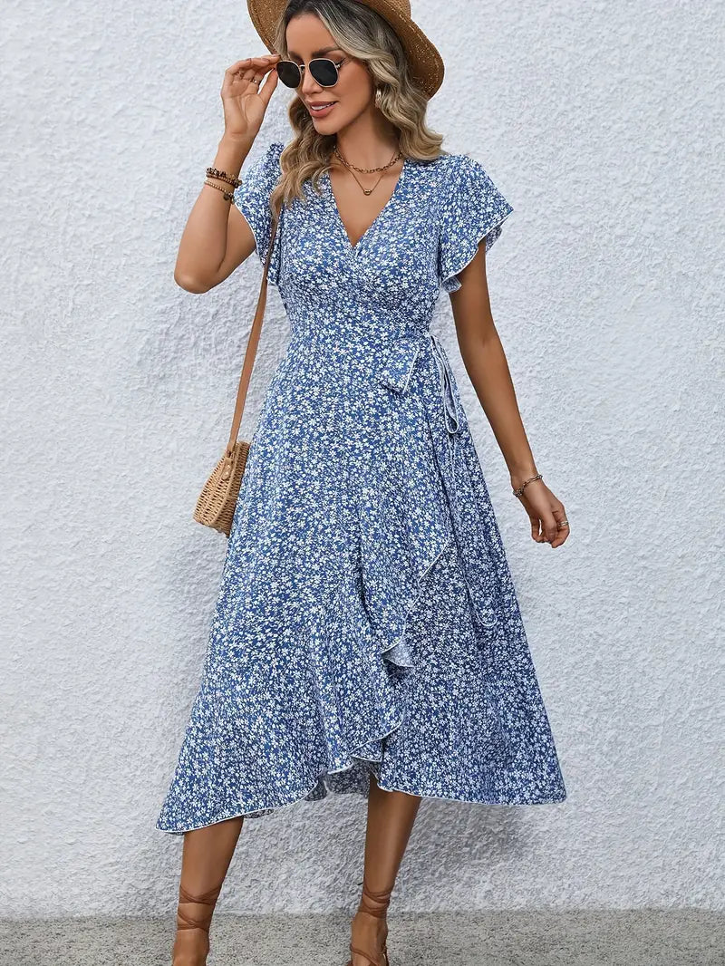 Ondina Dress | Flowy Wrap Midi Dress with Floral Print