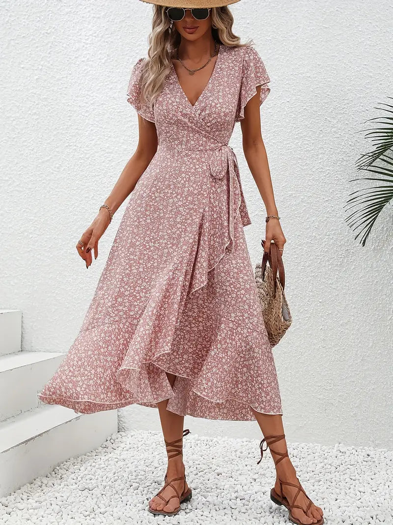 Elegant Floral Wrap Midi Dress for Women - OutfitLondon