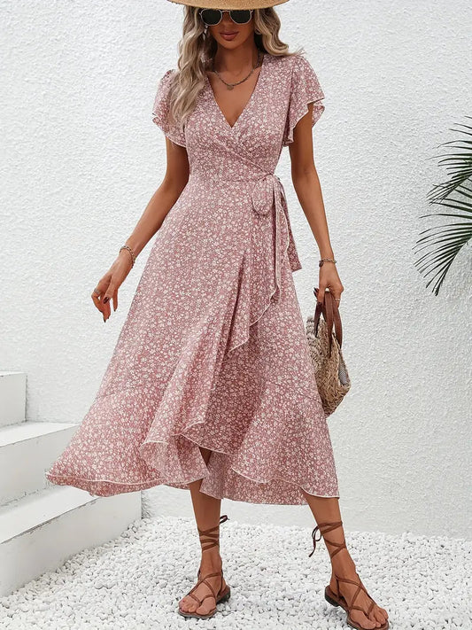 Elegant Floral Wrap Midi Dress for Women - OutfitLondon