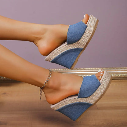 Casual Blue Wedge Slide Sandals with High Heel