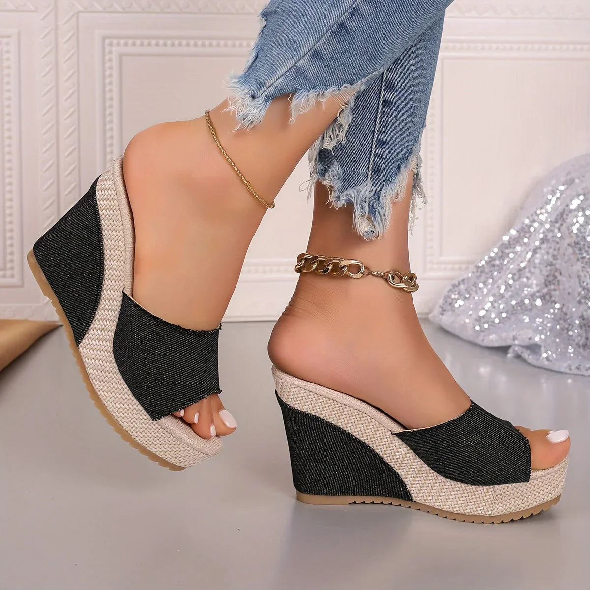 Casual Blue Wedge Slide Sandals with High Heel