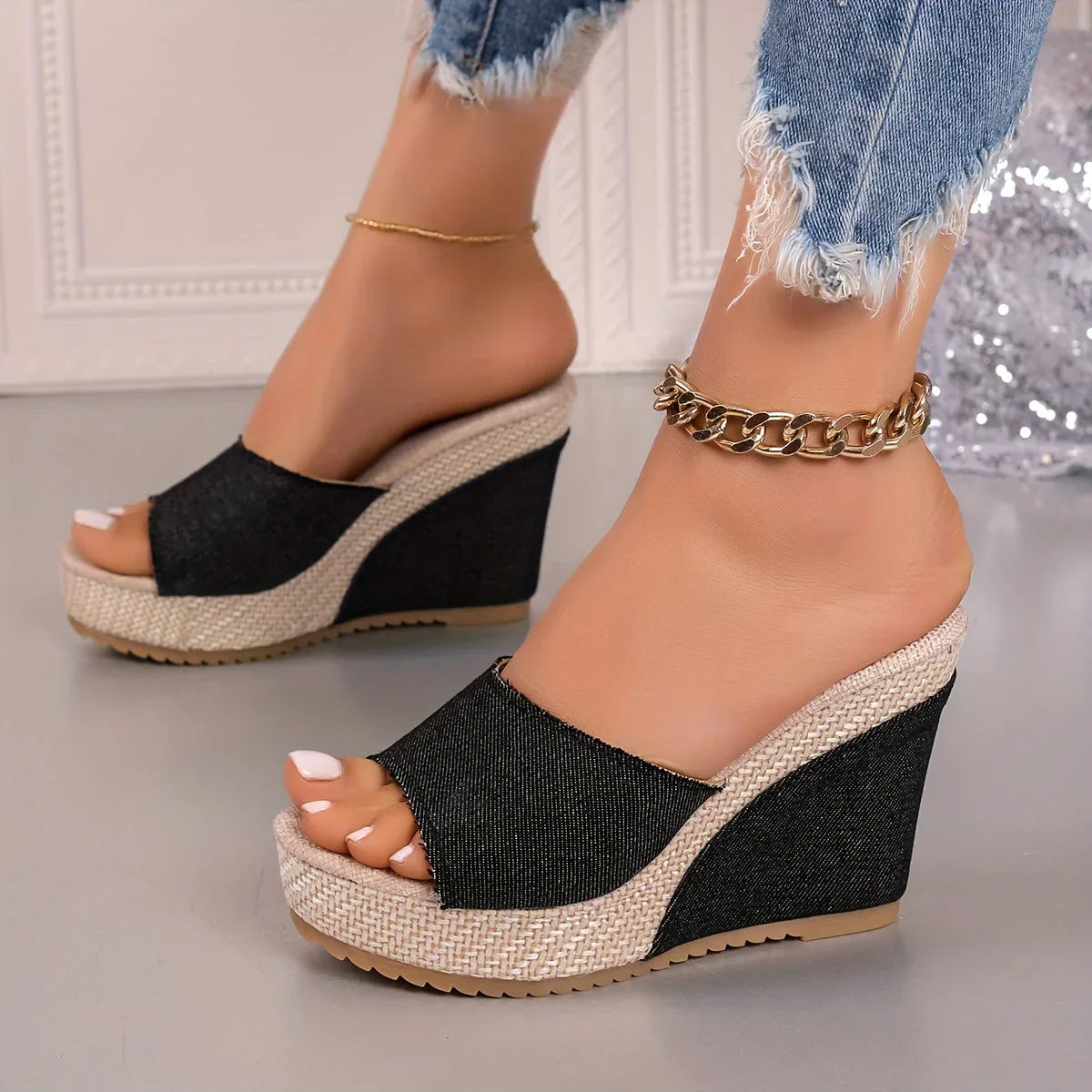 Casual Blue Wedge Slide Sandals with High Heel