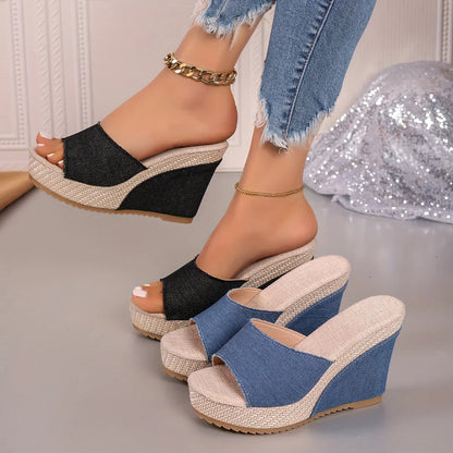 Casual Blue Wedge Slide Sandals with High Heel