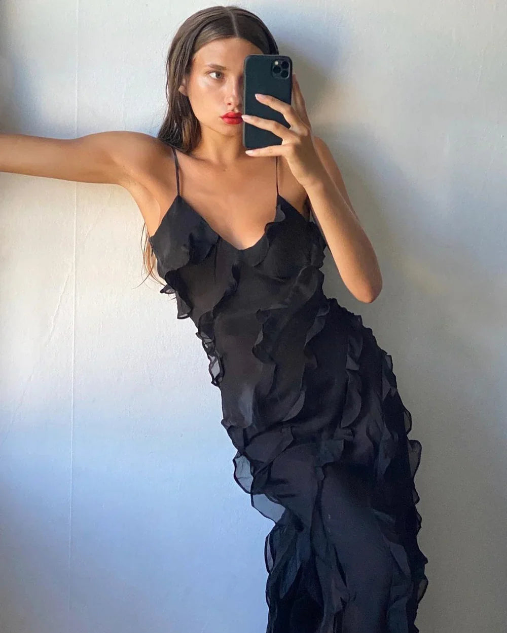 Chic Ruffled Strap Maxi Evening Dress - OutfitLondon