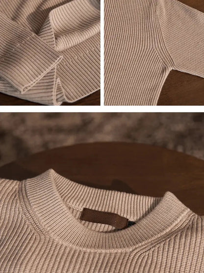 Classic Textured Beige Mens Crew Neck Sweater