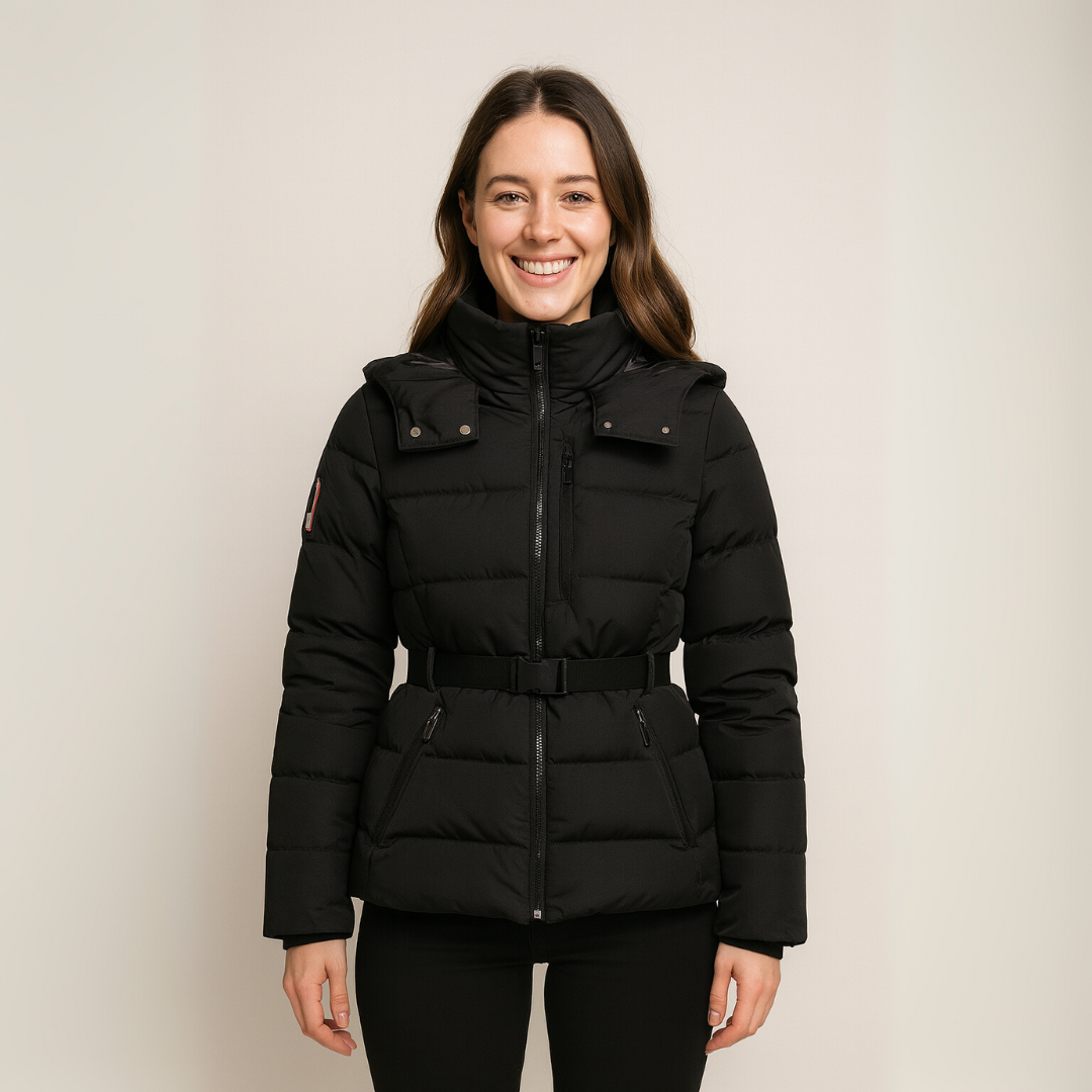 Women's Long Black Down Jacket with Fitted Waist - OutfitLondon