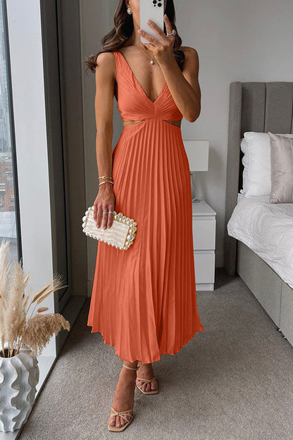 Women's V-Neck Pleated Skirt Dress