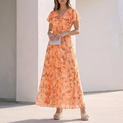 Floral V Neck Long Ruffled Maxi Dress