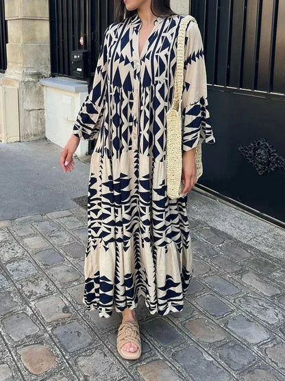 Trendy Maxi Dress with Long Sleeves and Tribal Pattern - OutfitLondon