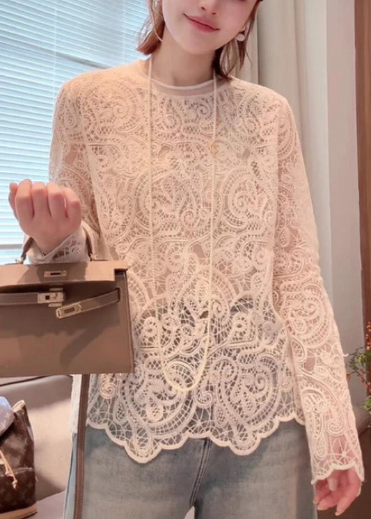 Women's Organic Cotton T Shirt Beige Round Neck Lace Detail - OutfitLondon