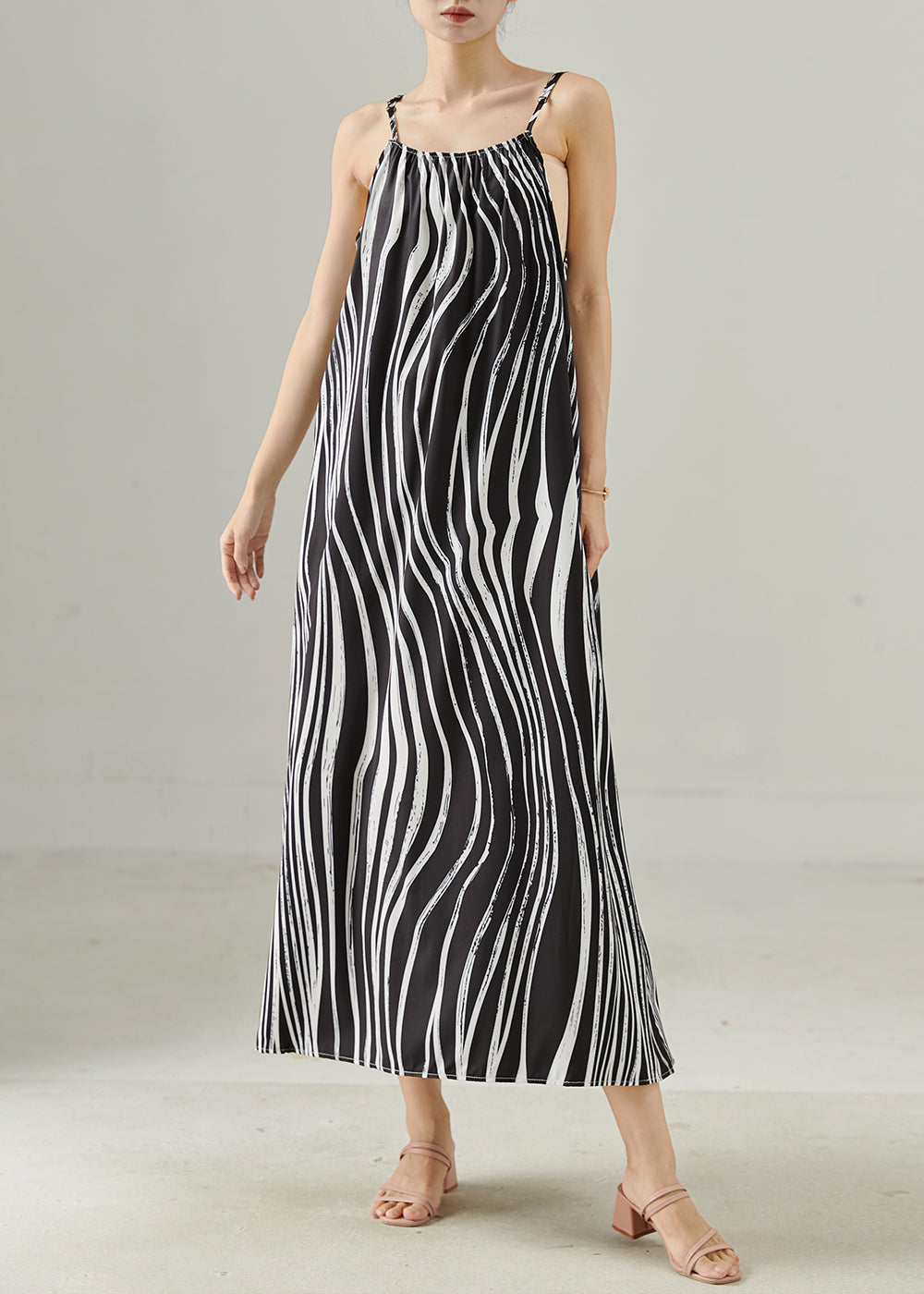Women's Silk Chiffon Summer Dress Lightweight Black Stripe - OutfitLondon