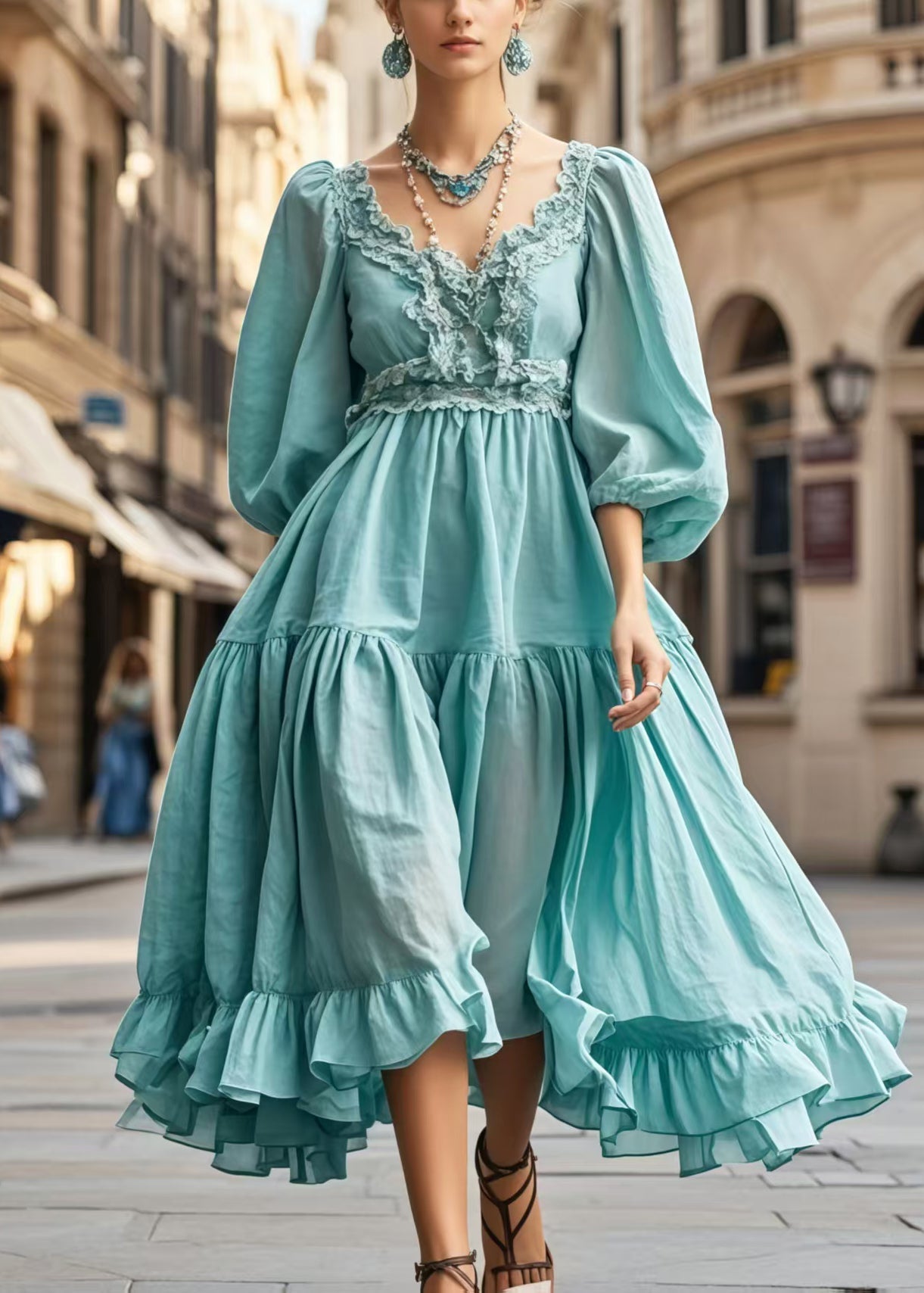 Women's Organic Cotton Summer Dress Blue Ruffles Bracelet Sleeves - OutfitLondon