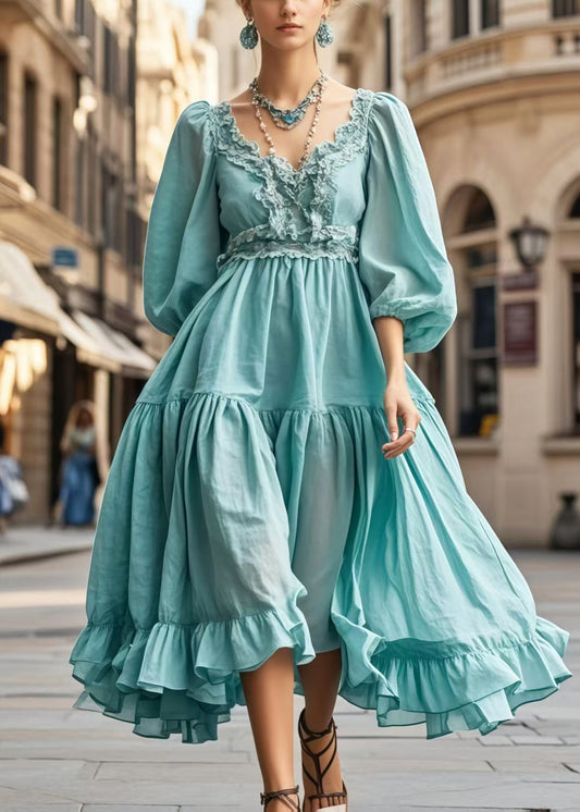Women's Organic Cotton Summer Dress Blue Ruffles Bracelet Sleeves - OutfitLondon