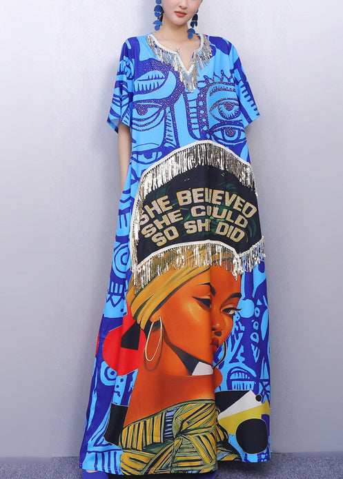 Women's Organic Cotton Maxi Dress Blue Fringe Print - OutfitLondon