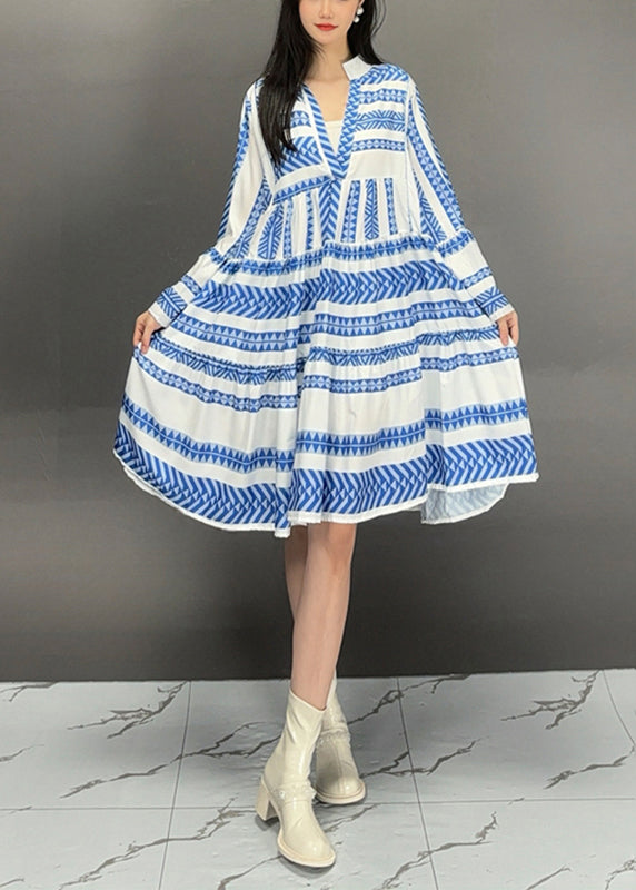 Women's Long V-Neck Dress Breathable Cotton Blue Stripe - OutfitLondon