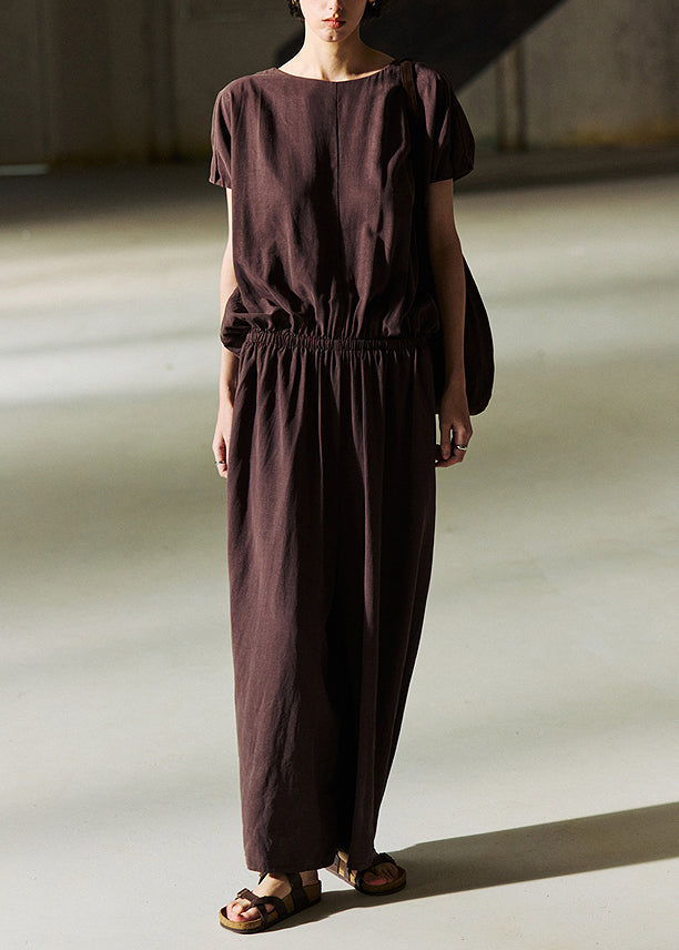 Women's Linen Jumpsuit Elastic Waist Round Neck Coffee - OutfitLondon