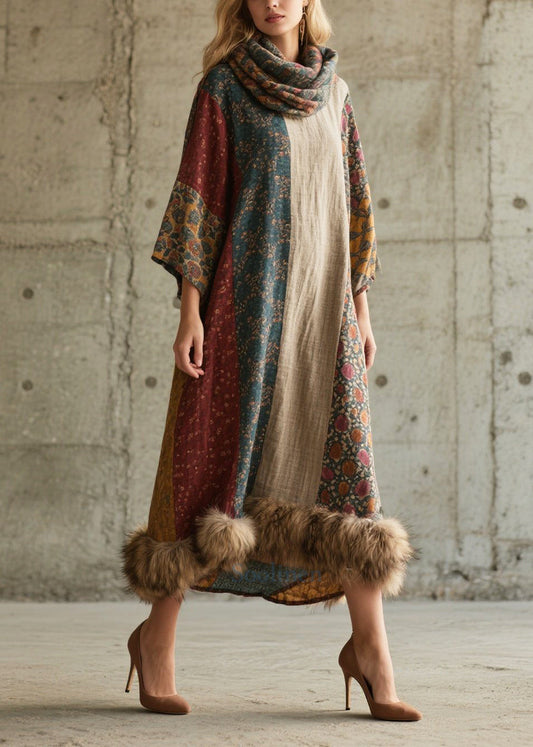 Women's Oversized Faux Fur Robe Patchwork Colorblock Ankle Length - OutfitLondon