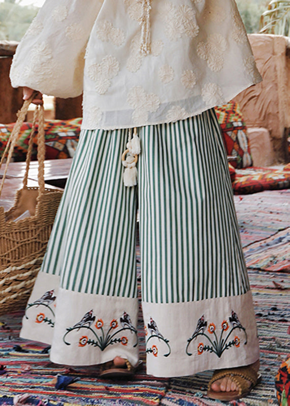 Women's Organic Cotton Wide Leg Pants Green Floral Embroidery - OutfitLondon