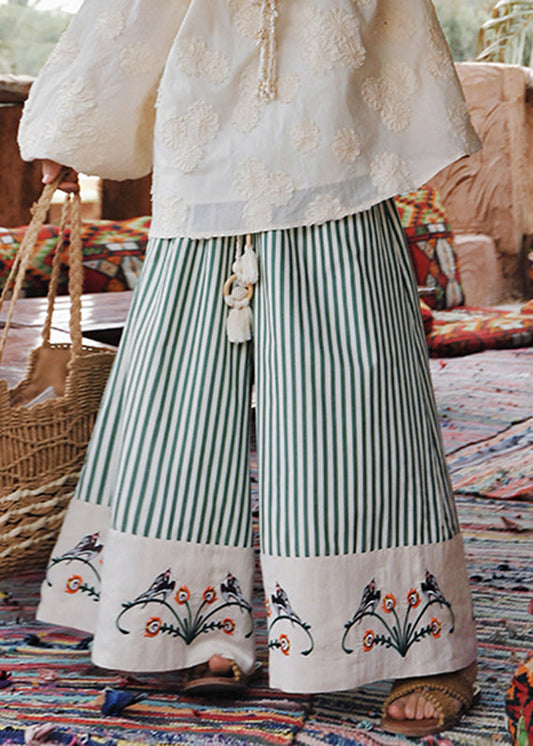 Women's Organic Cotton Wide Leg Pants Green Floral Embroidery - OutfitLondon